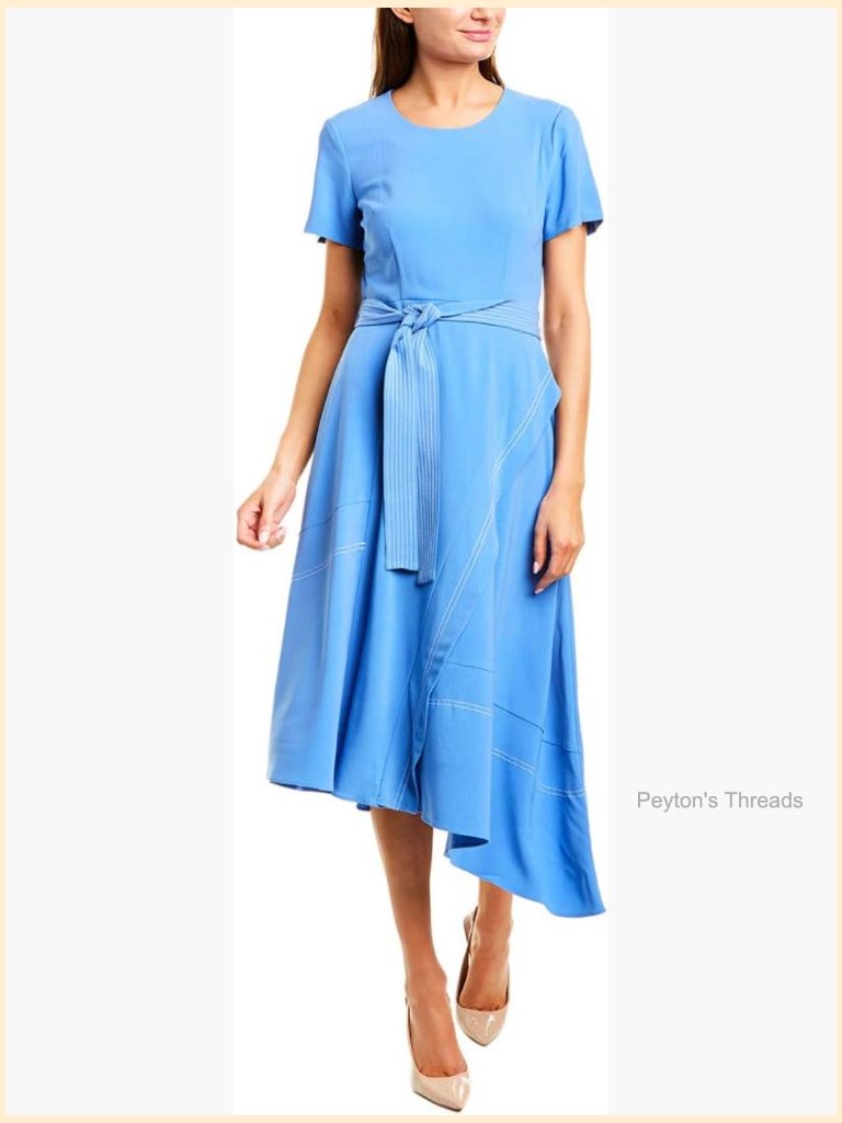 Crepe Dress With Contrast Stitching Asymmetrical Hem Midi Scoop Neck
